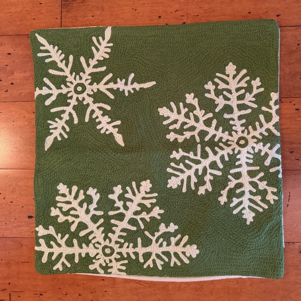 Pottery Barn Green Pillow Cover with White Snowflake Appliqué